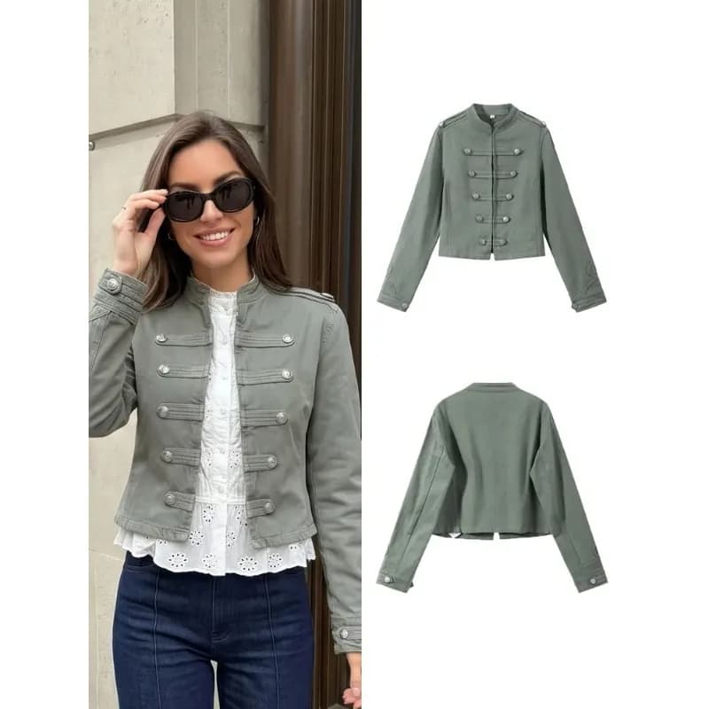 SMVP Women Double Breasted Green Denim Jackets Stand Collar Long Sleeve Slim Cropped Coat Female Spring Fashion Streetwear Top