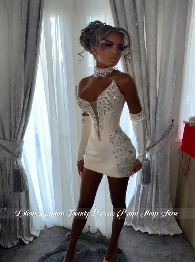 Customized White Sparkly Beaded Strapless Cocktail Dress Sexy Nightclub Party Dress Birthday Party Dress Homecoming Dress 2026