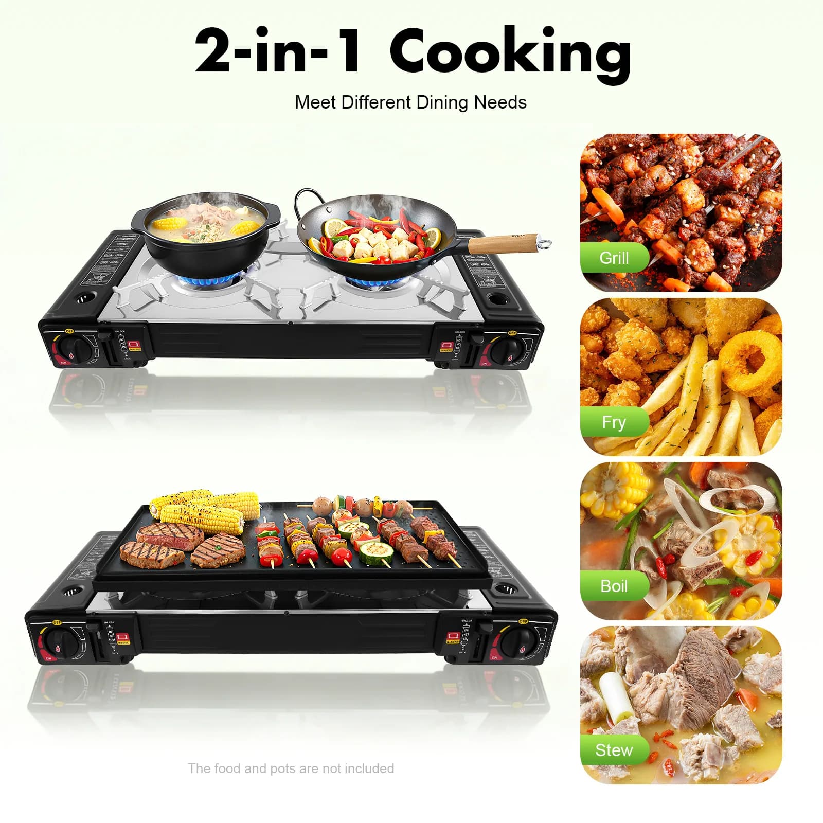 Fornello a Gas a 2 Fuochi con Teglia, Fornello Portatile da Campeggio per Viaggi, Cucina all'Aperto, Diametro del Pentola Applicabile Fino a 34cm/13.39in