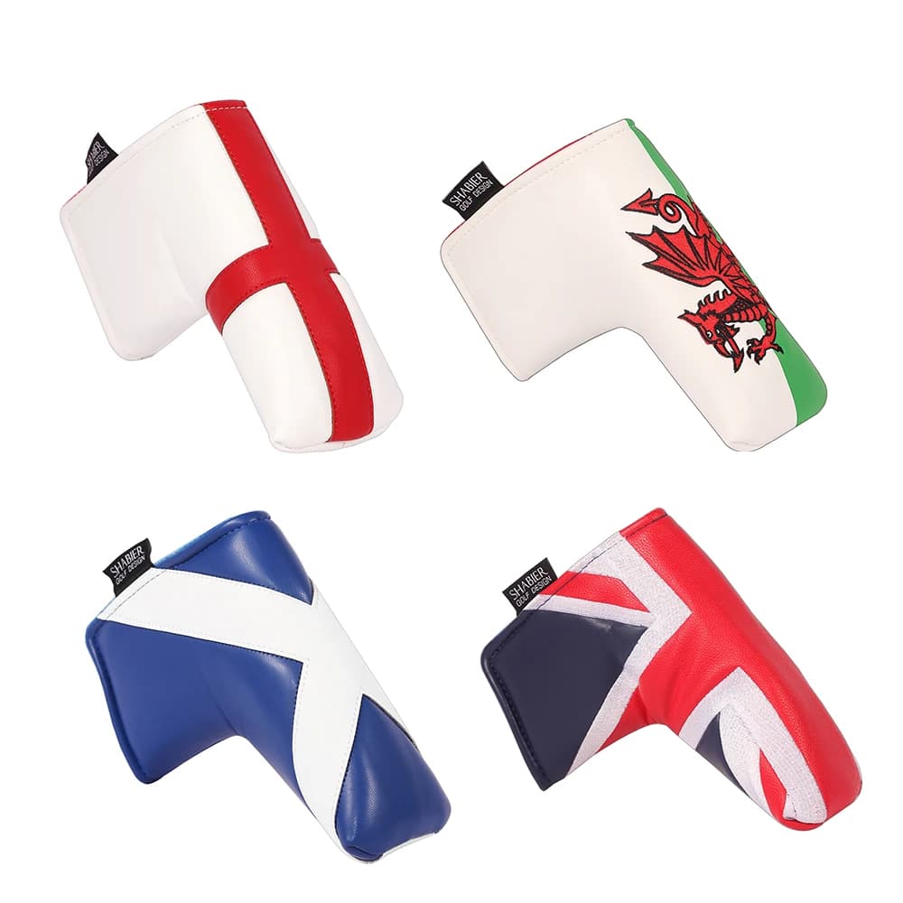 Copritesta per putter con lama da golf con forte chiusura magnetica ricamata con applique in pelle PU di design della serie UK Union Jack