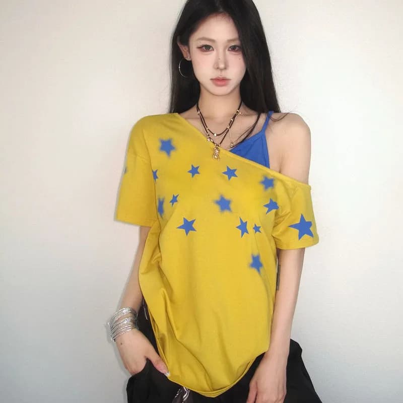 Sexy Star Printed Spliced Off Shoulder Fake Two Piece Blouses Female Clothing 2025 Summer New Loose All-match Tops Casual Shirts