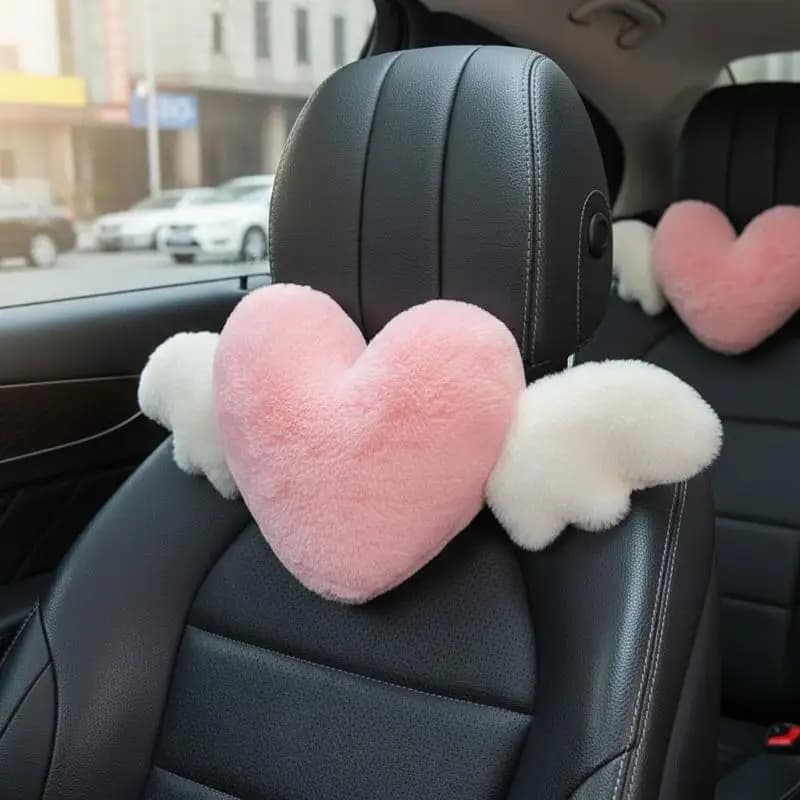 【L】Cuscino per il collo a forma di cuore rosa con ali d'angelo, morbido supporto lombare in peluche per la decorazione interna del sedile dell'auto, regalo per ragazze