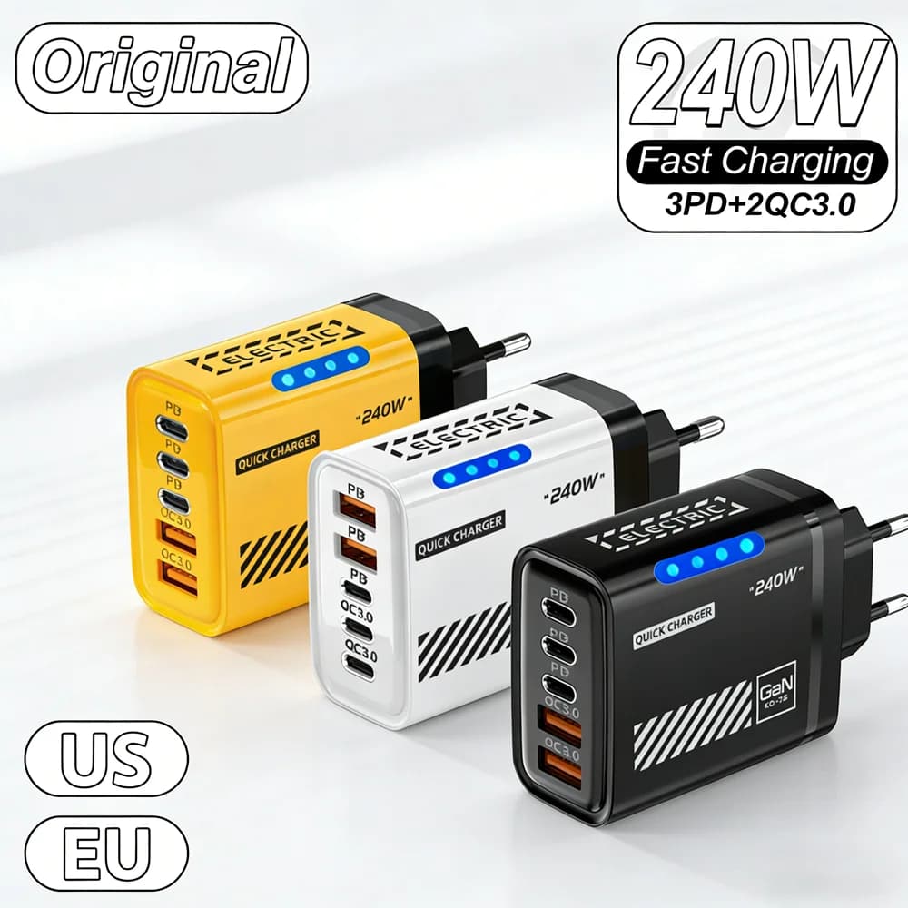 Caricatore rapido GaN da 240W per telefono, 5 porte (3 USB, 2 PD), ricarica rapida QC 3.0, adattatore da parete per iPhone, Samsung, Xiaomi, compatibile con prese US ed EU