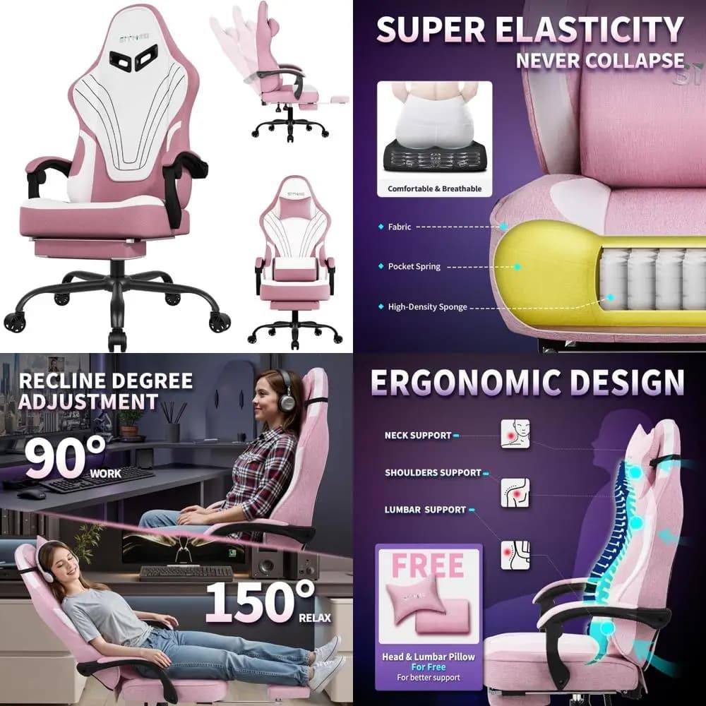 Sedia da gioco in tessuto, sedia ergonomica per computer con poggiapiedi, sedia per videogiochi con cuscino a molle insacchettate, braccioli di collegamento e H