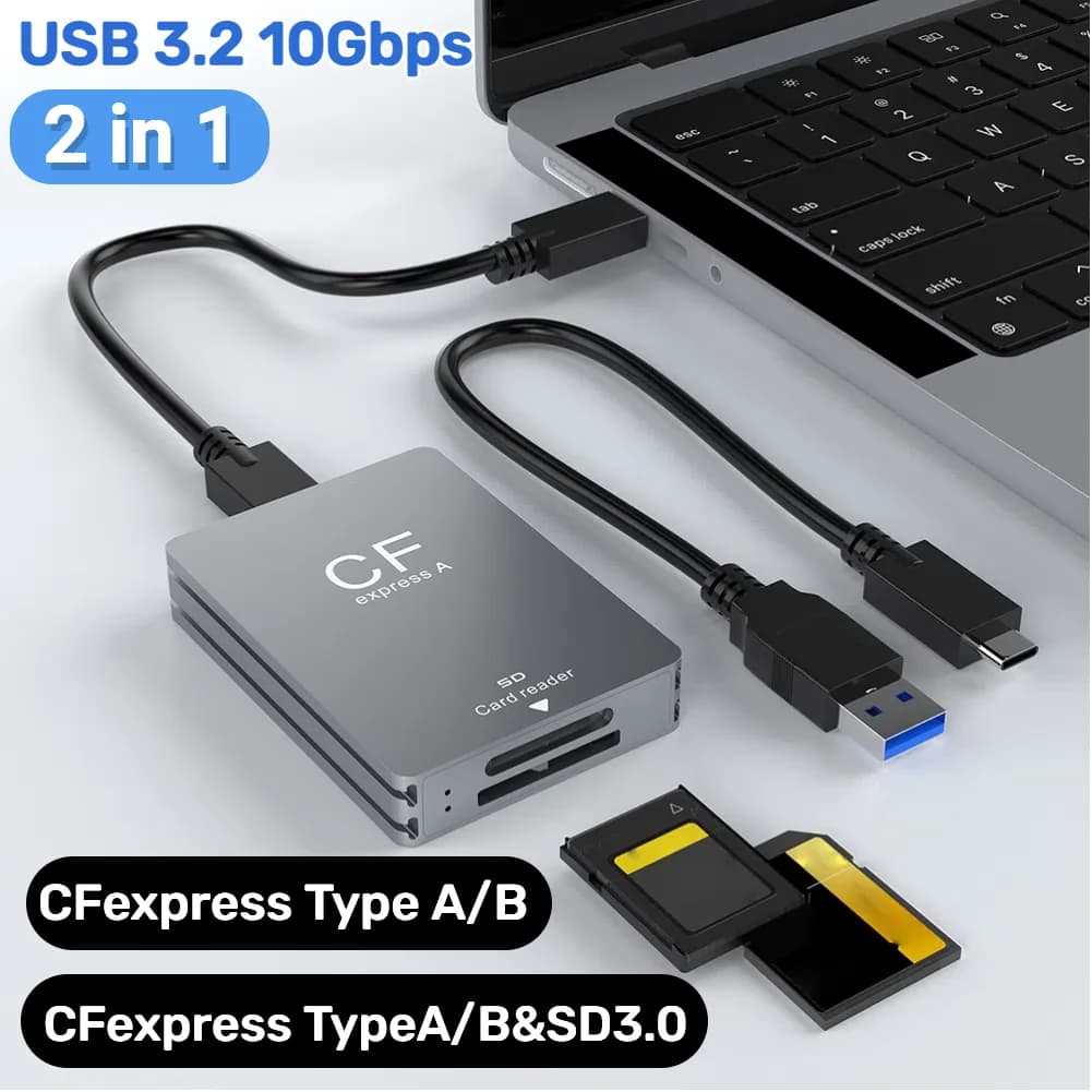 Lettore di schede SD 2 in 1 CFexpress tipo A B lettore CFexpress con cavo USB C A USB C/A supporto sistema operativo Android/Windows/Mac per SLR