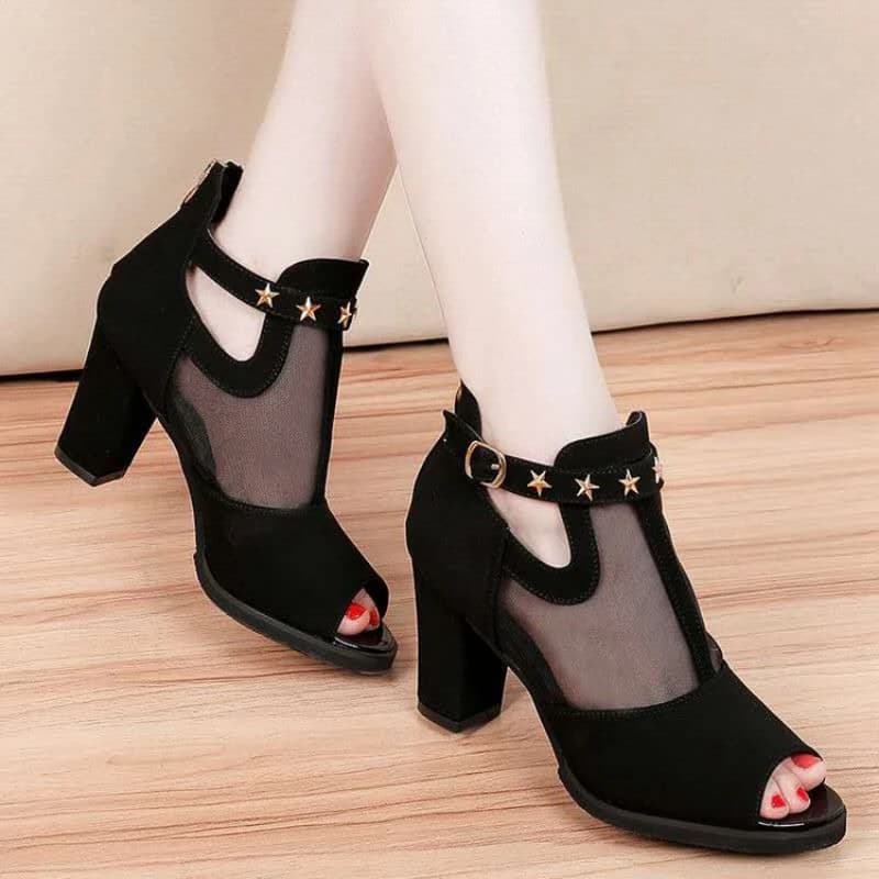 Mesh Peep Toe Block High Heels Women Sandals Cutout Ankle Strap Star Buckle Platform Dress Office Party Shoes Plus Size 41 Black
