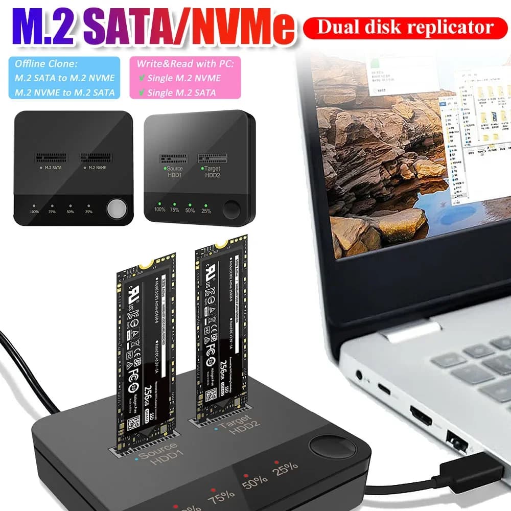 Duplicatore di docking station dual-bay M.2 SATA/NVMe Docking station per disco rigido clone offline Duplicatore clone duplicatore SSD M.2