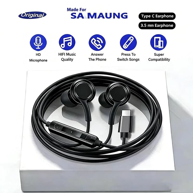 Original Type-C Cable Headphones for In-Ear Samsung S25 S24 S23 S22 S21 S20 with 3.5mm Jack, Note10, Xiaomi Redmi, VIVO