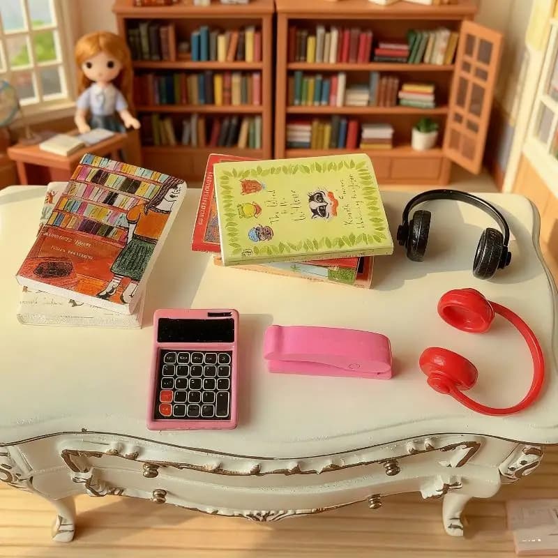Set unico da 10 pezzi: modello di libro in miniatura, auricolari, calcolatrice, cucitrice per arredamento studio di mobili per case delle bambole vintage 1/12