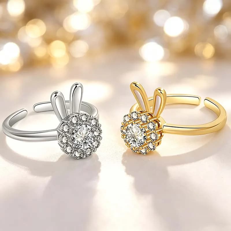Cute Rotatable Anxiety Fidget Crystal Rabbit Ear Ring Anti Stress Spinner Jewelry Girls Student Birthday Rings Gifts Accessories
