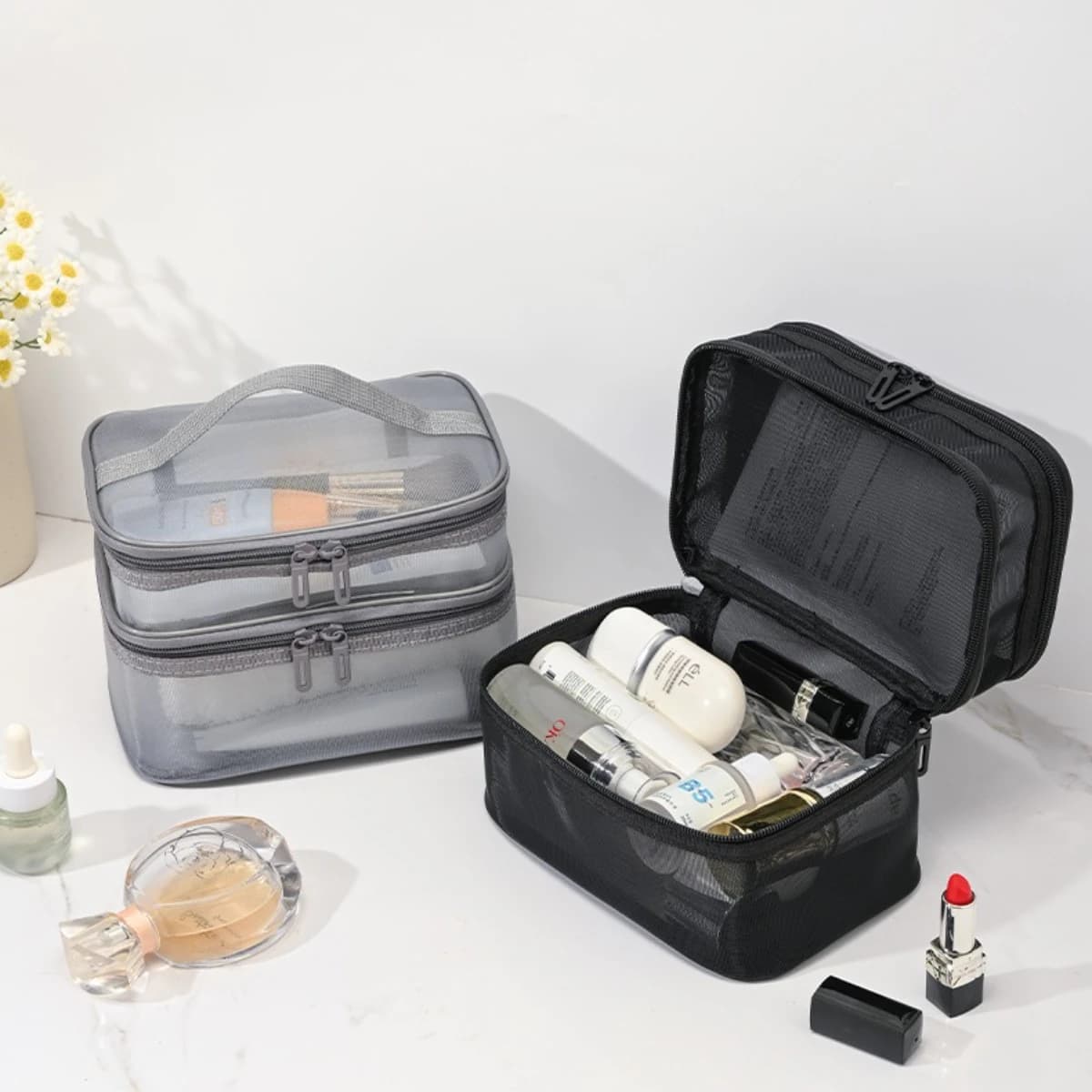 Portable Handheld Clear Mesh Cosmetic Bag Large Capacity Partition Storage Wash Bag Elegant Travel Makeup Organizer