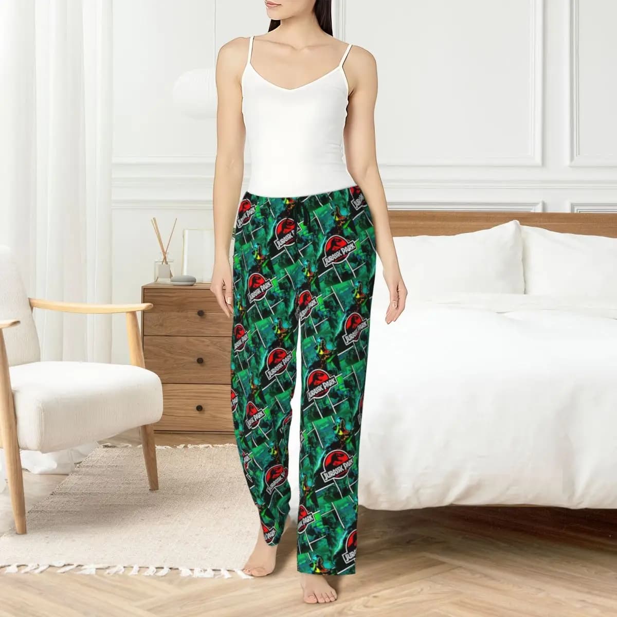 Jurassic World Park Custom Pants for Women, Elastic Life, Dinosaur Pattern, Night Pants with Pockets
