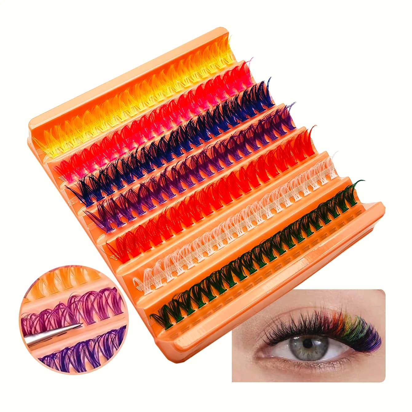 Kit Colorato per Extension Ciglia Fai-da-Te, 140 Ciuffetti da 14mm, Ciglia Finte Naturali Morbide, 7 Colori Tra Cui Scegliere