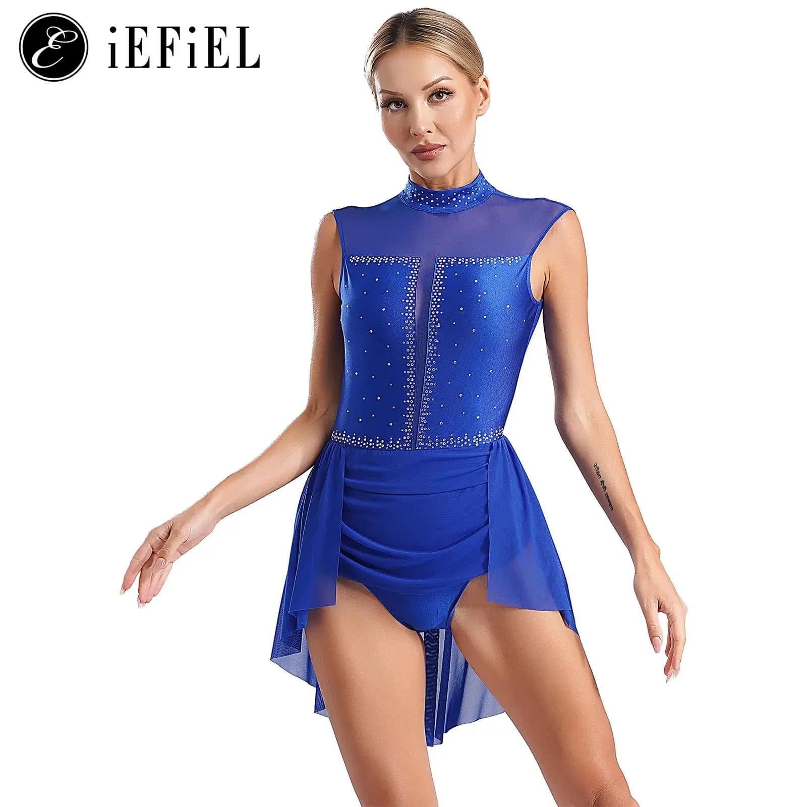 Abito da ballo lirico Dimonds lucido da donna Mock Keyhole Back ginnastica body Ruffles gonne Modern Jazz Ballroom Costum