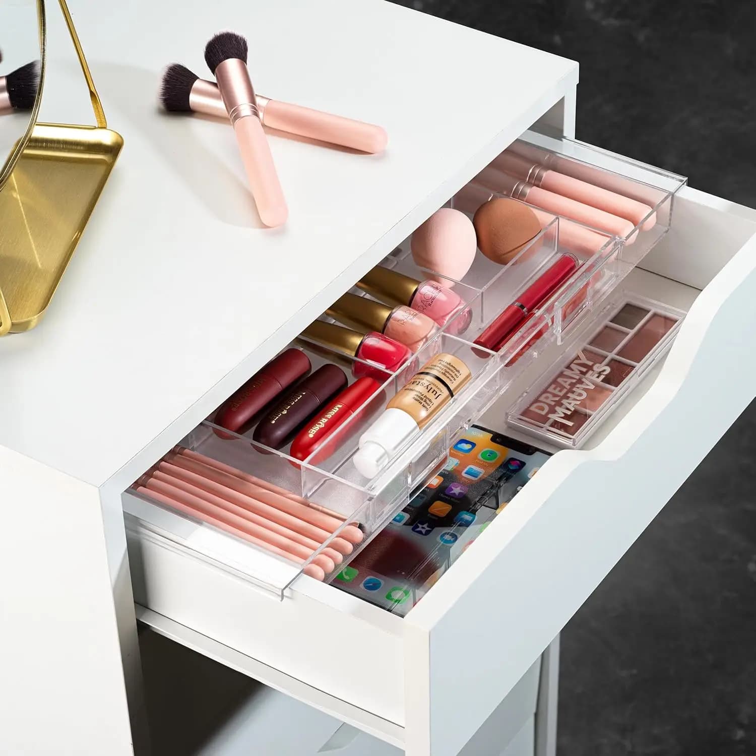 Set di 2 Organizzatori Espandibili per Cassetti - Vassoi in Plastica Trasparente Personalizzabili per Trucchi, Cosmetici, Bagno e Scrivania