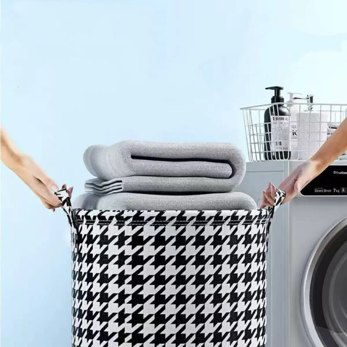 Foldable Houndstooth Laundry Hamper, Modern Fabric Storage Basket with Handle, Versatile for Bedroom, Bathroom, Living Room