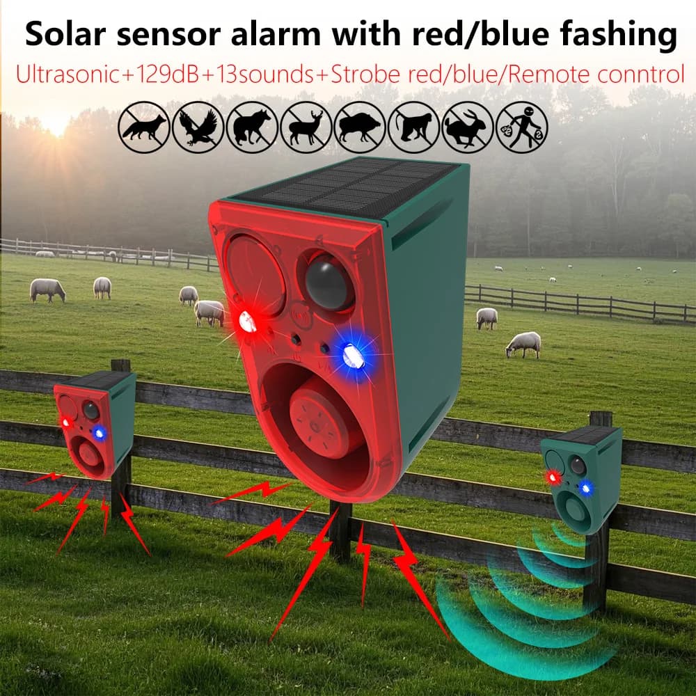 Solar Motion Sensor Animal Repeller Infrared Induction Anti-Wild Boar Dog Drive Professional Alarm Light Waterproof Outdoor