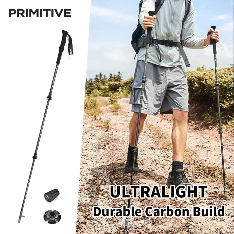 PRIMITIVE 3K Carbon Trekking Pole 3-Section Adjustable Lightweight 175g Walking Stick Anti-shock Hiking Outdoor Backpacking Camp