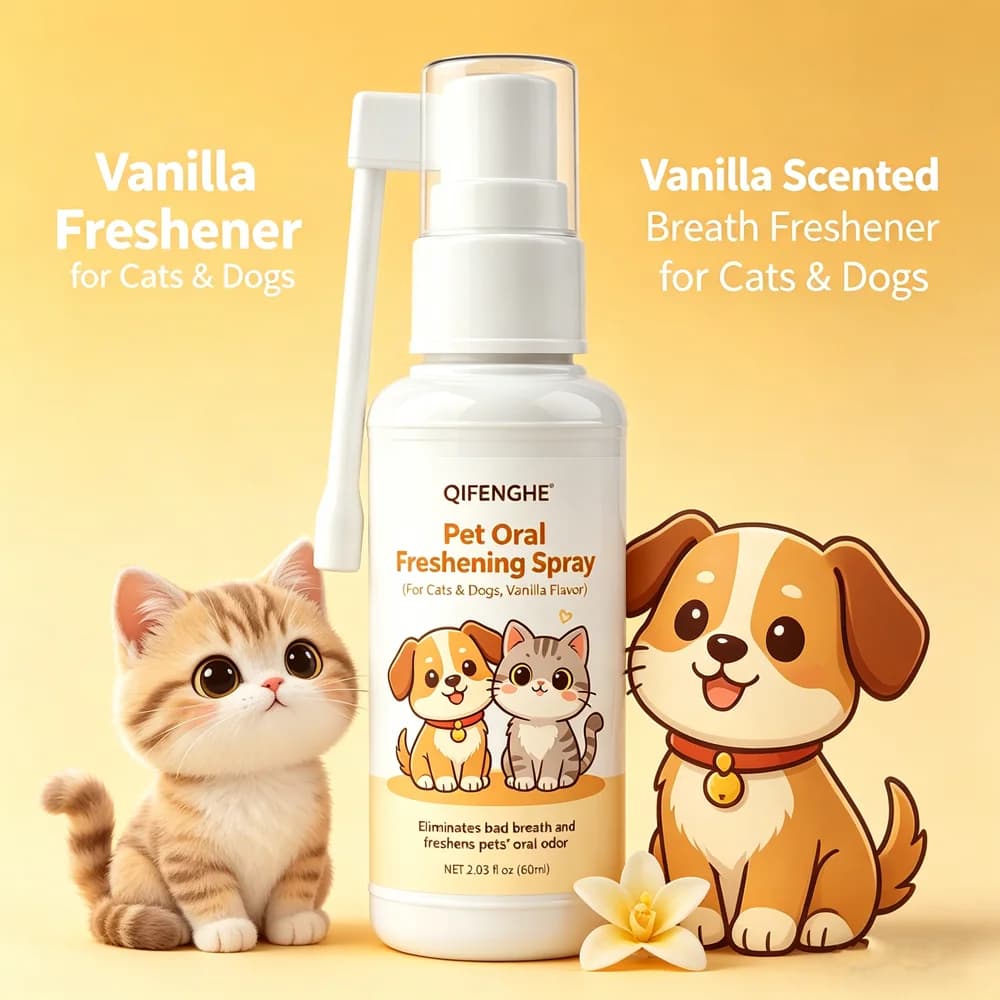 Spray Rinfrescante Orale per Animali Domestici al Gusto Vaniglia per Cani e Gatti, Elimina l'Alito Cattivo, Pulizia Delicata di Denti e Gengive, Sicuro per l'Uso Quotidiano
