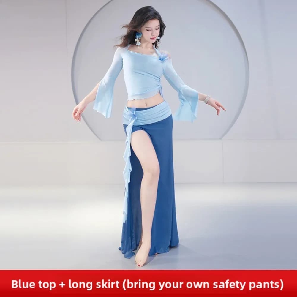 Women Belly Dance Practice Dress Oriental Performance Costume Mesh Long Skirt Set