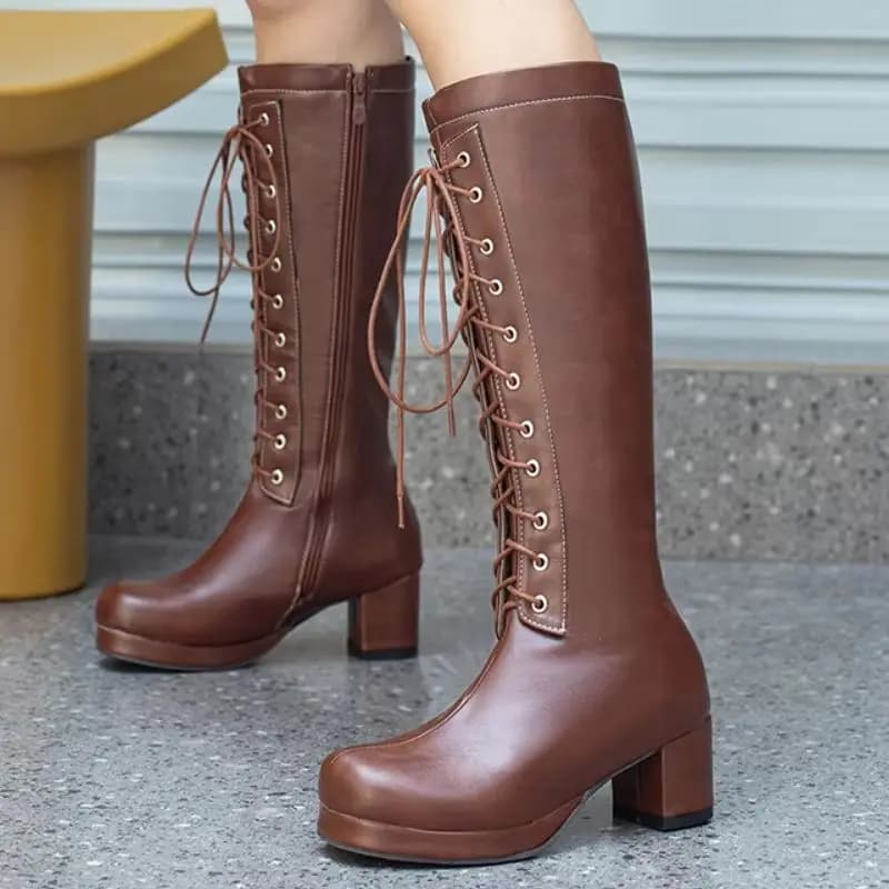 Brown Knee High Boots Women High Heel Long White Boot Winter Shoes Round Toe Fashion Lace-up Boots for Women Big Size 48