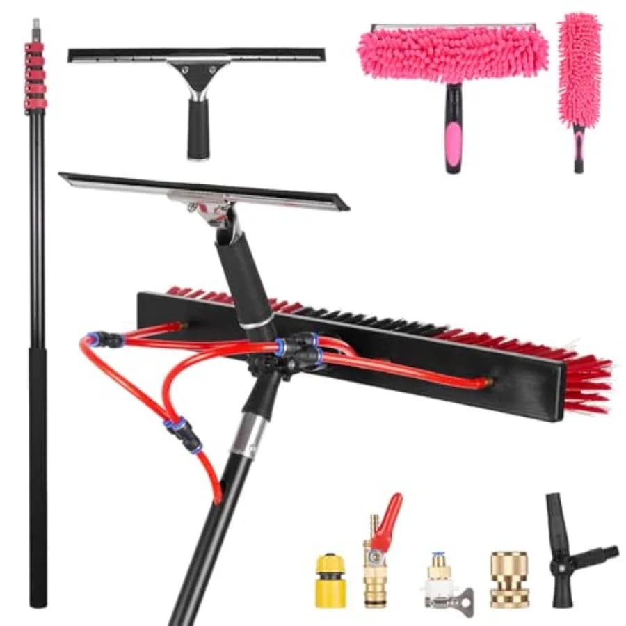 Kit Professionale per la Pulizia di Pannelli Solari da 24FT con Spazzola e Tergivetro, Strumento per Lavaggio Finestre, Spazzola Larga 22 Pollici, 2 Spazzole per la Pulizia, Asta Alimentata ad Acqua