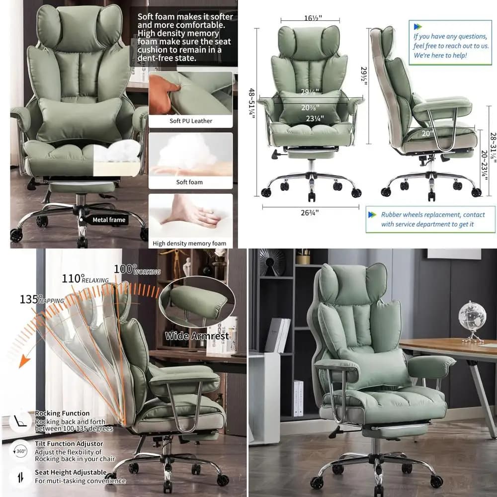 Sedia da Ufficio di Lusso Resistente per 180 kg, Sedia Ergonomica da Scrivania in Pelle Verde con Poggiapiedi
