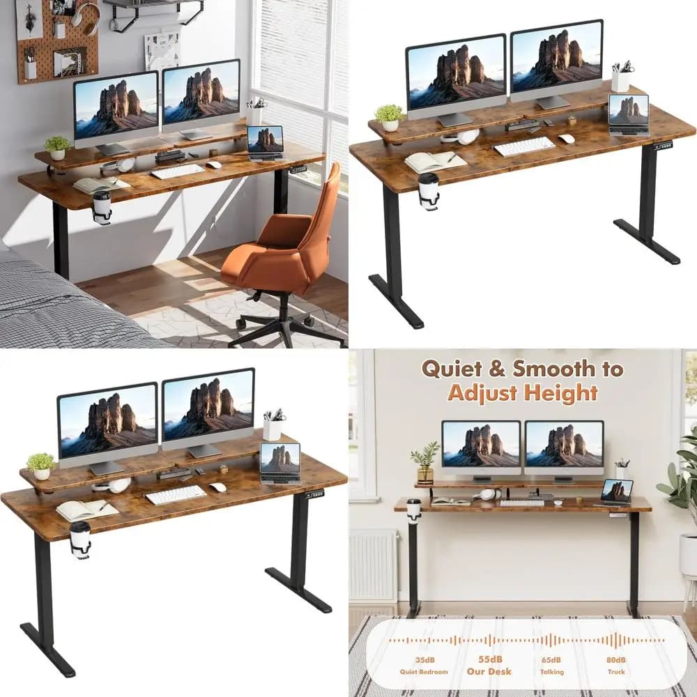 Adjustable Electric Desk in Rustic Brown Height 63x24 with Monitor Support