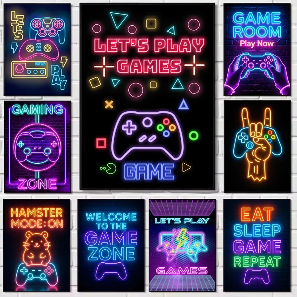 Eat Sleep Gioco Ripeti Gaming Gamepad Zona di gioco Insegna al neon Poster Stampato su tela Pittura Immagini di arte della parete Decorazioni per la casa