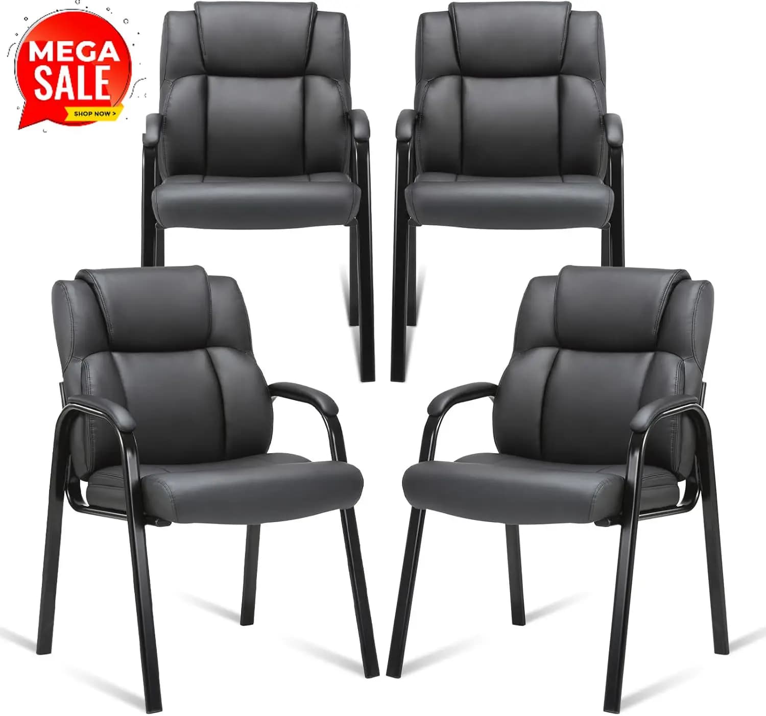 Sedia per Ospiti in Pelle con Braccioli Imbottiti per Reception, Riunioni, Conferenze e Sale d'Attesa, Ufficio, Casa, Nera, Set da 4
