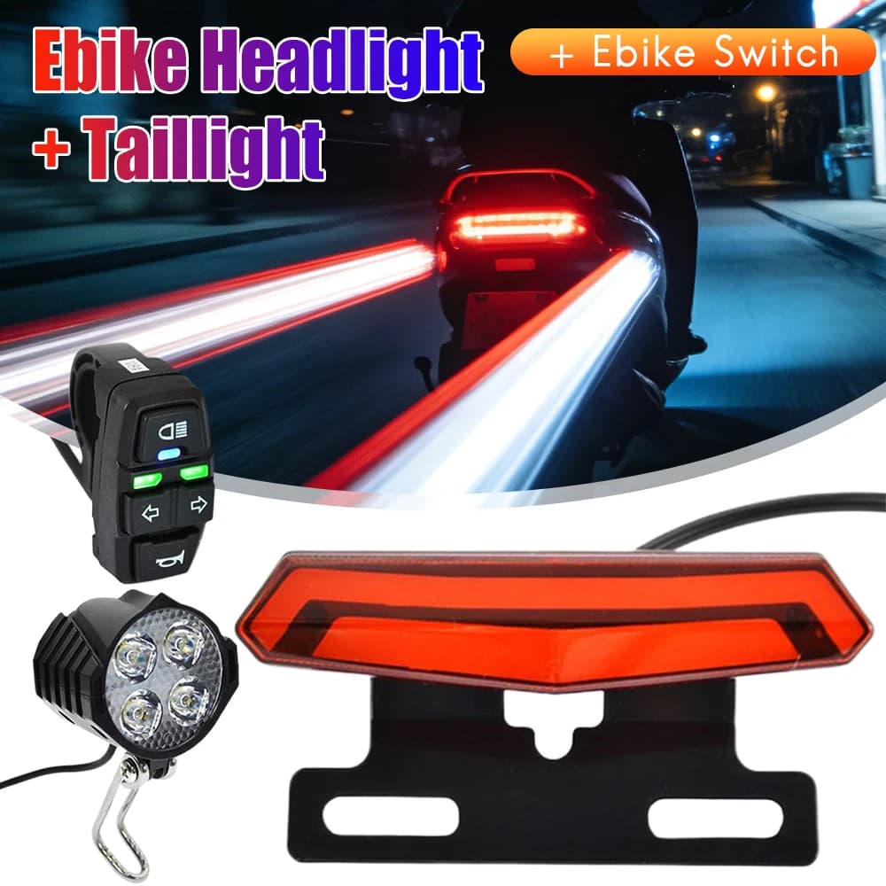 Set Luci Freno Anteriore e Posteriore per E-bike 24-48V, Clacson e Faro per Bici Elettrica, Interruttore Facile da Installare, Accessori per Biciclette Elettriche