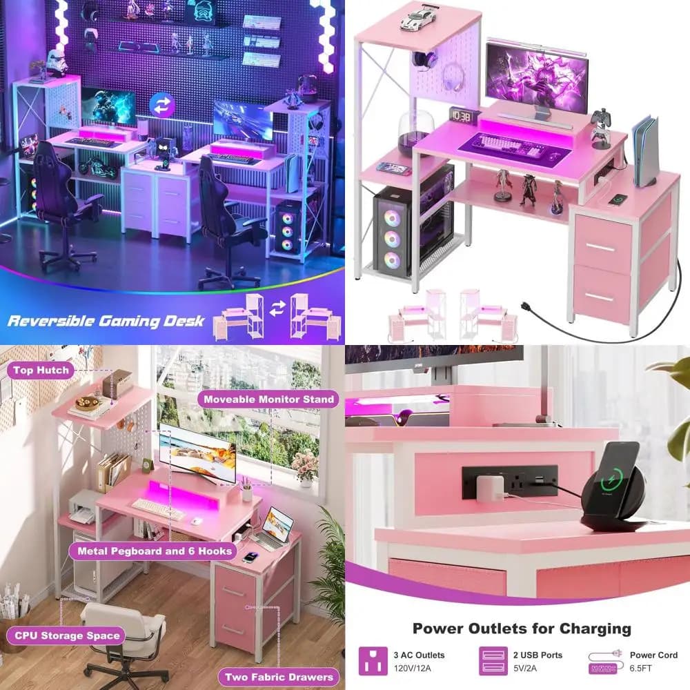 Scrivania da Gaming Compatta con Cassetti in Tessuto, Scrivania Reversibile con Presa di Corrente e Luci LED, Scrivania da Ufficio 49 Pollici con Supporto Monitor e