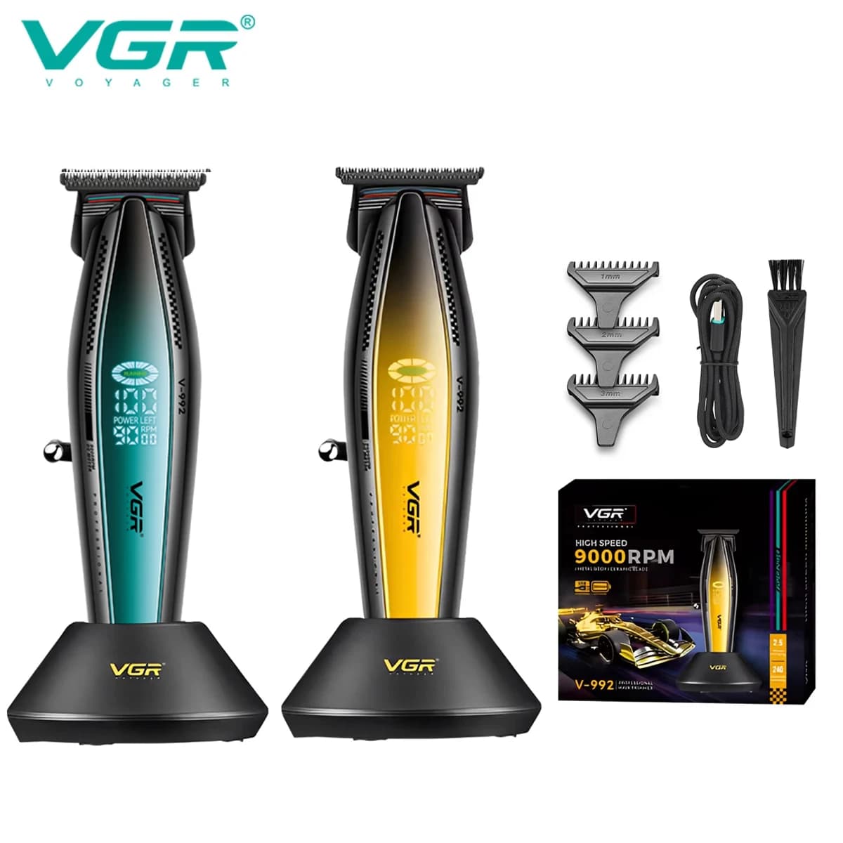 VGR V-992 Professional electric push shear metal mecha wind body man with base haircuts digital display LED oil head carving