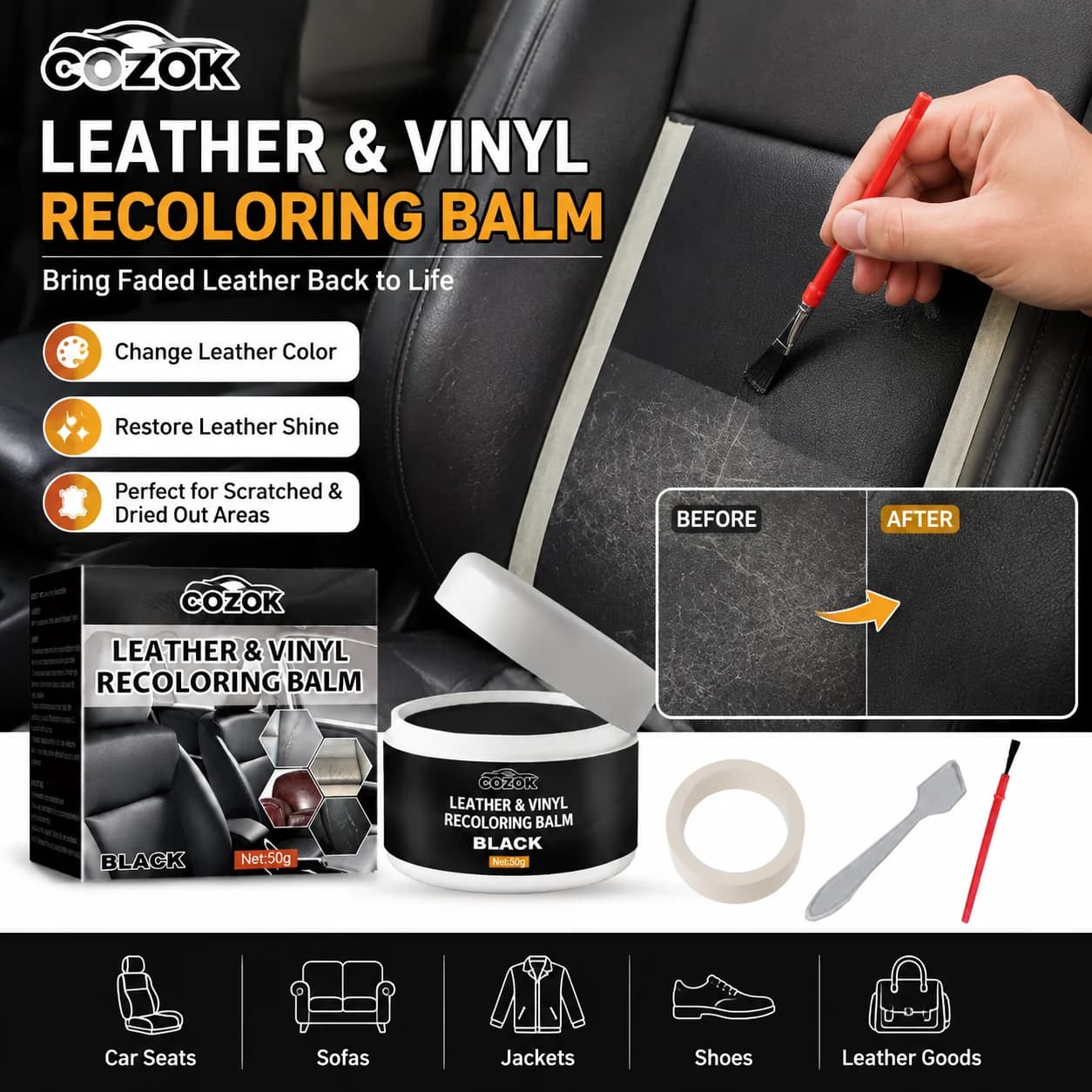 Leather Repair Paste, Leather Color Restorer for Car Seat Sofa Jacket Shoes, DIY Leather Scratch & Crack Filler Cream, PU Leather Touch Up Dye, Quick Dry Leather Refinishing Paste for Auto Interior