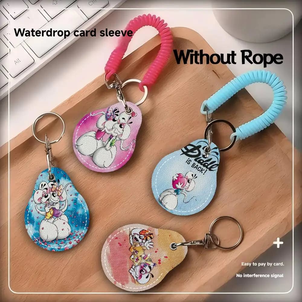 Cartoon D-Diddl Classic Leather Access Card Holder, Water Drop Keychain, Bus Card Elevator Induction Protective Cover