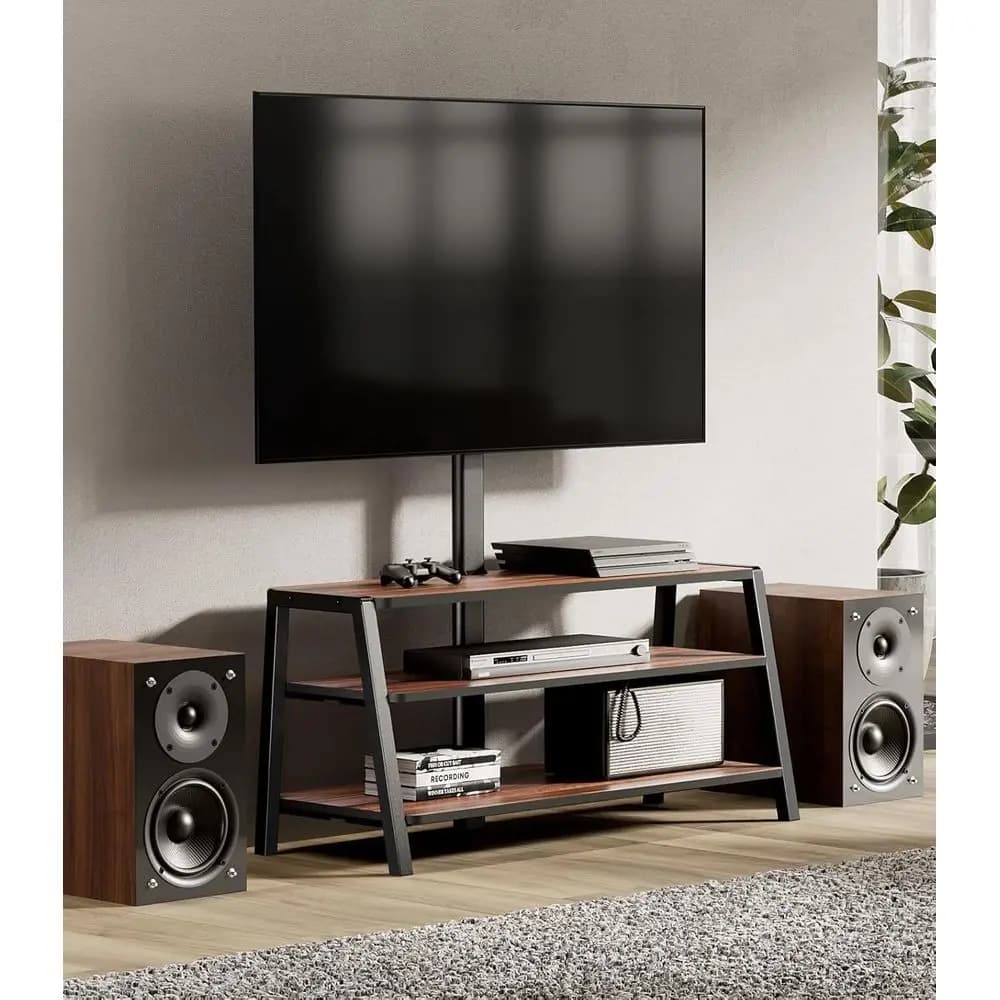 Supporto TV Regolabile a 3 Livelli per TV da 37-70 Pollici con Spazio di Archiviazione e Gestione Cavi, Finitura Noce, VESA 600x400mm