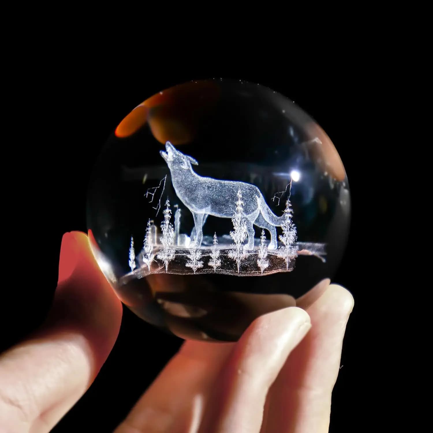 60 mm wolf crystal ball with metal bracket 3D laser engraving animal statue paper clips Decorative sphera Glass ball Gift for man
