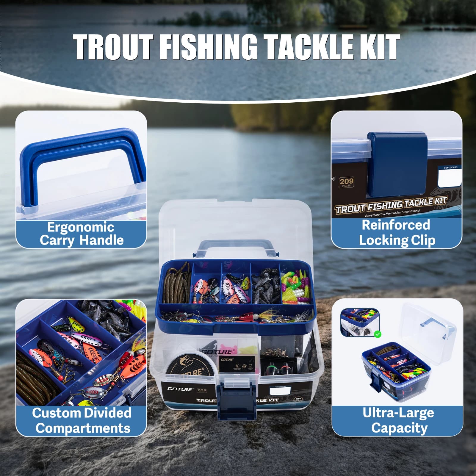 Goture fishing bait kit -209/281 fishing gear included with removable compartments Professional trout/light/low equipment box