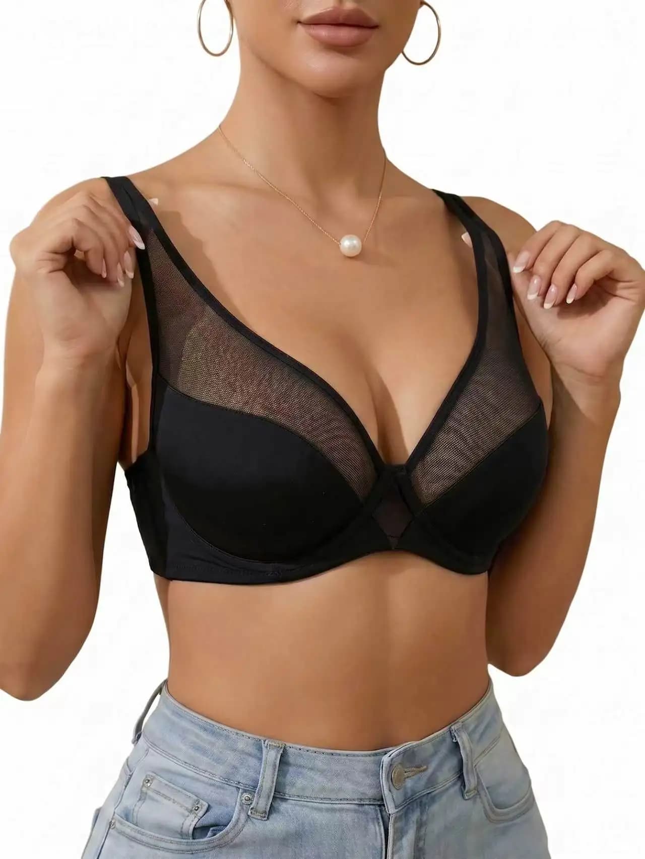 Summer Women Mesh Wireless Bra Plunge Push Up Bra Daily Breathable Comfy No Lining Sexy Lingerie