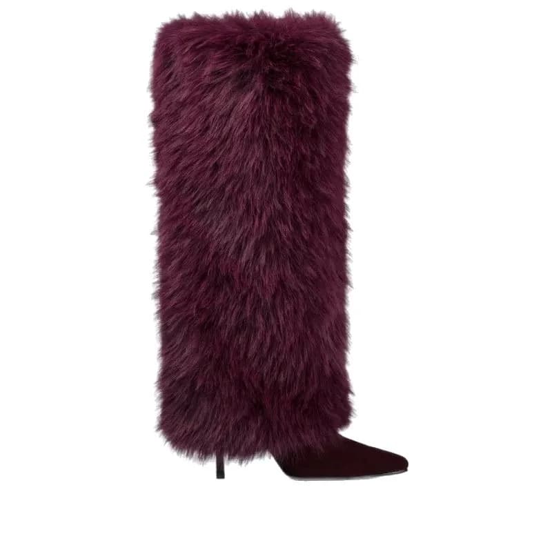 2025 Women's Autumn/Winter Stiletto Small square head Hairy sleeve Knee skirt Boots European and American niche banquet shoes