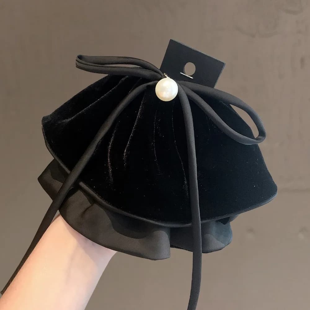 Black Velvet Fabric Hair Clips for Women Long Ribbon Bow Black Small Claw Clip Headwear