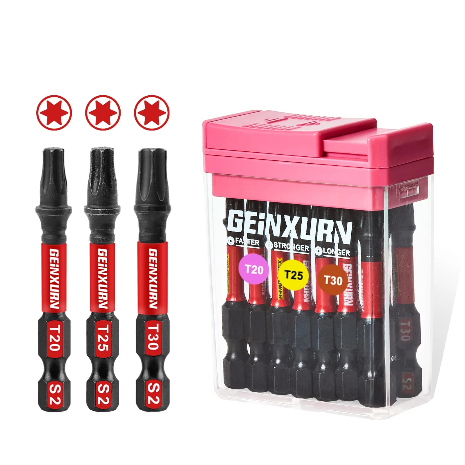 Geinxurn Set di 15 punte per cacciavite Torx a impatto da 2'', punte multi-driver in acciaio S2 con scatola colorata di stoccaggio (rosa)