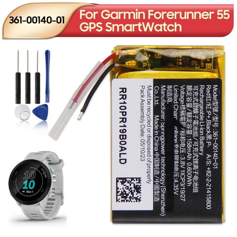 NUOVA batteria di ricambio 361-00140-01 per Garmin Forerunner 55 GPS Smartwatch 158mAh con strumenti