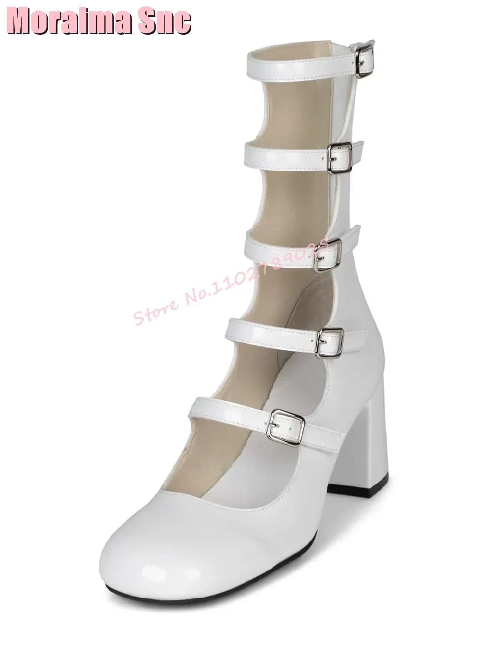 Hollow Mary Janes Block Round Toe Buckle Rear Cheniera Women's Shoes Patent Leather Summer Fashion White Siolid New