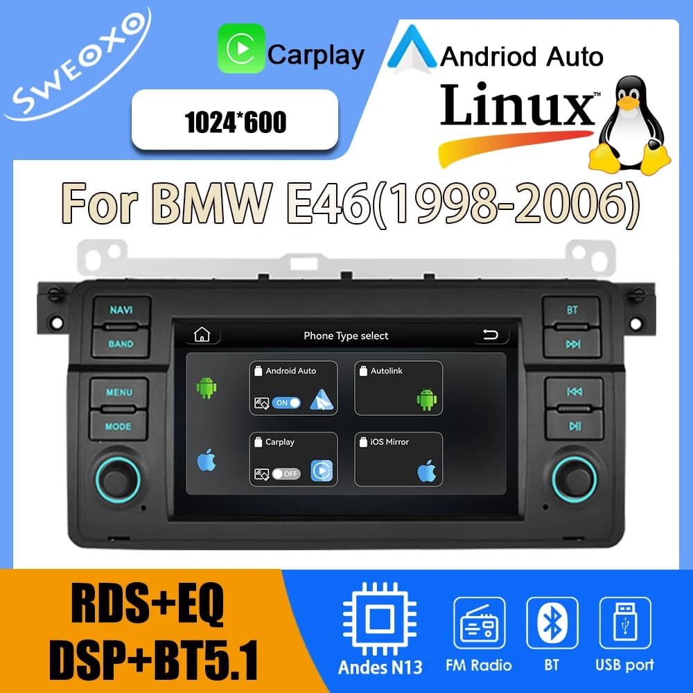 Per BMW E46 (1998-2006) 7 pollici (sistema Linux) CarPlay wireless, Android Auto wireless, lettore YouTube, navigazione GPS, USB