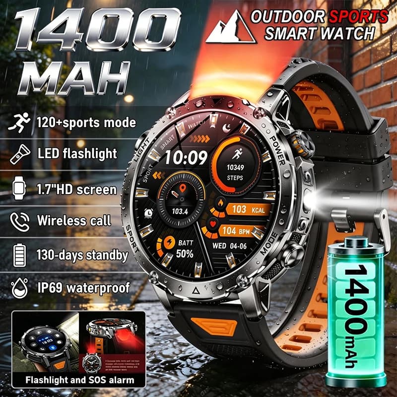 Nuovo Smartwatch Militare Robusto con Batteria da 1400 mAh, Display AMOLED da 1.7'', Chiamate Bluetooth, Monitoraggio della Salute, SOS, Torcia, Orologio Intelligente per Uomo