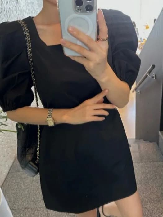 Korean Style Bubble Sleeve Dress Square Collar Women's Fashion Spring Autumn Winter Casual Wear School Street Style Travel Date