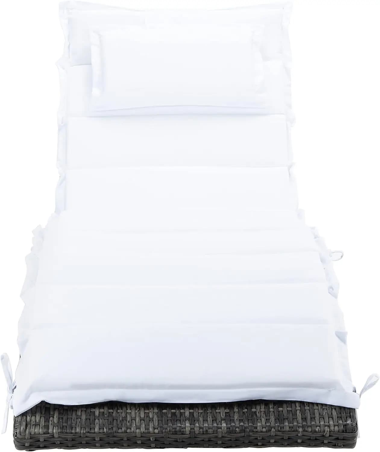 Chaise longue adjustable outdoor reclining with removable cushions, grey-brown and white wicker
