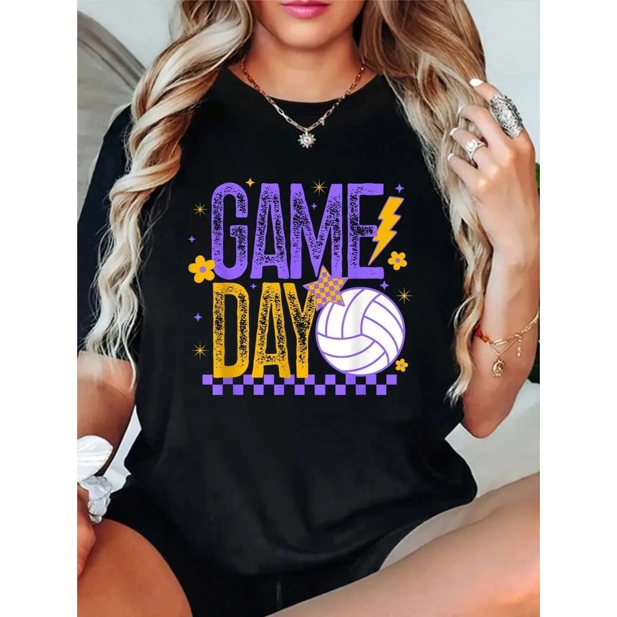 Cotton Unisex Graphic T-Shirt Volleyball Game Day Retro Girls Volleyball Mom Purple Gold T-Shirt