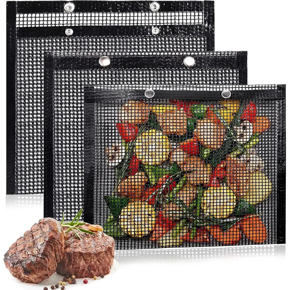Reusable Non-Stick BBQ Mesh Grill Bags, 3 Pack for Outdoor Cooking, Compatible with Gas, Charcoal, Electric Grills and Smokers